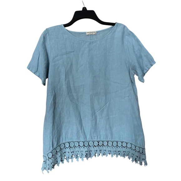 Terzo Millennio Womans Blouse Top Medium Blue Small Linen Short Sleeve Italy - Picture 1 of 5